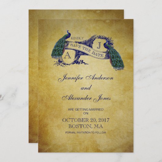 Blue Peacock Rustikale Save the Date Card (Vorne/Hinten)