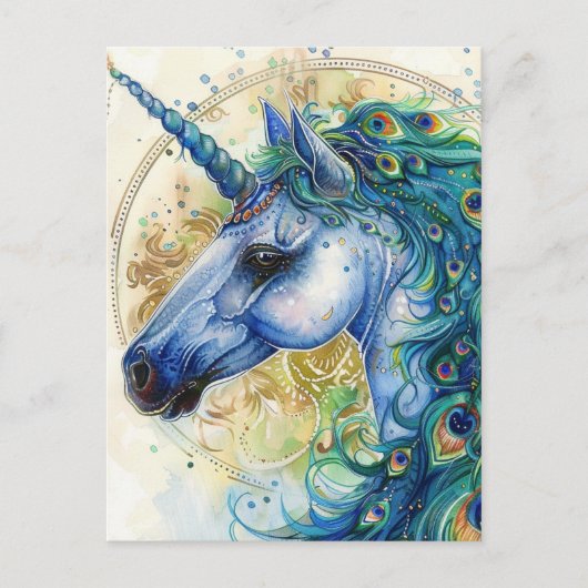 Blue Peacock Unicorn Postkarte (Vorderseite)