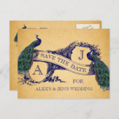 Blue Peacock Vintag Save the Date Postkarte (Vorne/Hinten)