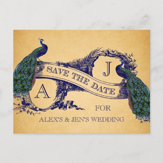 Blue Peacock Vintag Save the Date Postkarte (Vorderseite)