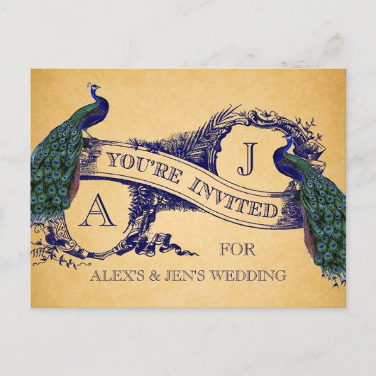 Blue Peacock Vintage Hochzeit Einladung Postkarte (Vorderseite)