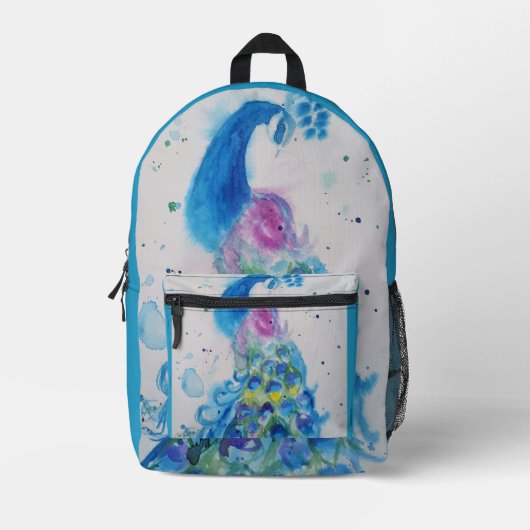 Blue Peacock Wasserfarben Wiederverwendbare Lebens Bedruckter Rucksack (Vorderseite)