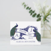 Blue Peacock Wedding Vielen Dank Postkarte (Stehend Vorderseite)