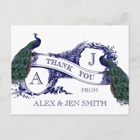 Blue Peacock Wedding Vielen Dank Postkarte (Vorderseite)