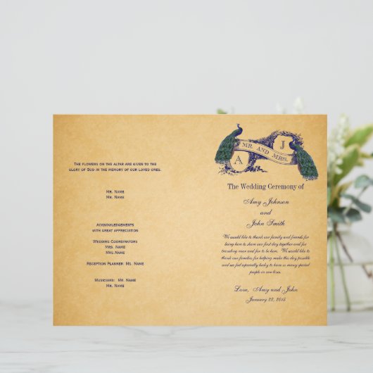 Blue Peacocks Vintage Hochzeitsprogramm (Stehend Vorderseite)