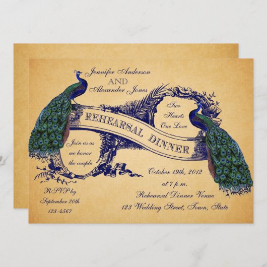 Blue Peacocks Vintage Probe Abendessen Einladung (Vorne/Hinten)