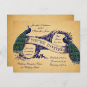 Blue Peacocks Vintage Wedding Empfang Einladung (Vorne/Hinten)