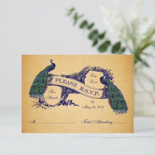 Blue Peacocks Vintage Wedding RSVP CARD (Stehend Vorderseite)