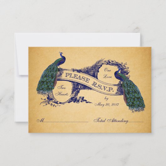 Blue Peacocks Vintage Wedding RSVP CARD Karte (Vorderseite)