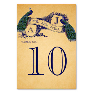 Blue Peacocks Vintage Wedding Tischnummer Card