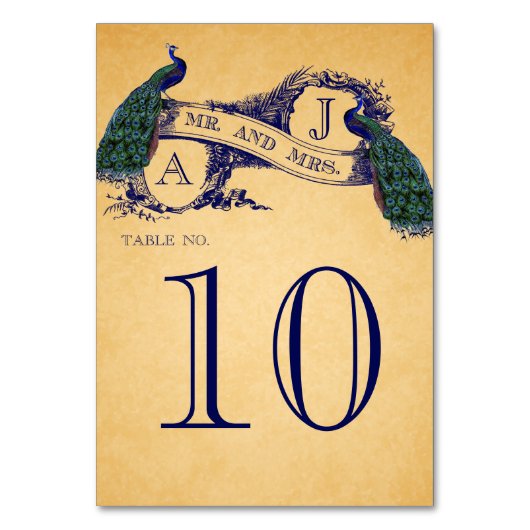 Blue Peacocks Vintage Wedding Tischnummer Card (Vorderseite)