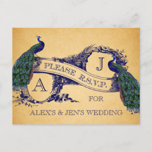 Blue Peacocks Vintage Wedding UAWG Postcard 2 Einladungspostkarte