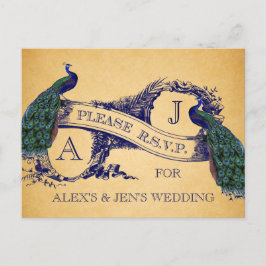 Blue Peacocks Vintage Wedding UAWG Postcard Einladungspostkarte