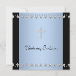 Blue Pearl Cross Black Blue Christening Einladung