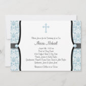 Blue Pearl Cross Blue Black Damask Christening Einladung (Vorderseite)