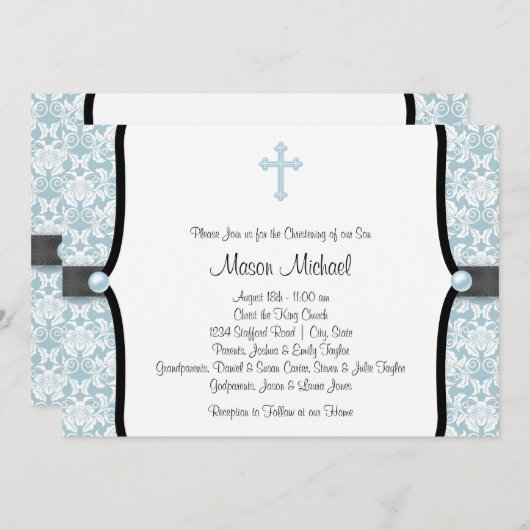 Blue Pearl Cross Blue Black Damask Christening Einladung (Vorne/Hinten)