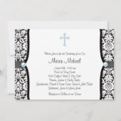 Blue Pearl Cross Blue Black Damask Christening Einladung (Vorderseite)