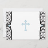 Blue Pearl Cross Blue Black Damask Christening Einladung (Rückseite)