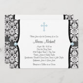 Blue Pearl Cross Blue Black Damask Christening Einladung (Vorne/Hinten)
