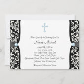 Blue Pearl Cross Blue Black Damask Christening Einladung (Vorderseite)