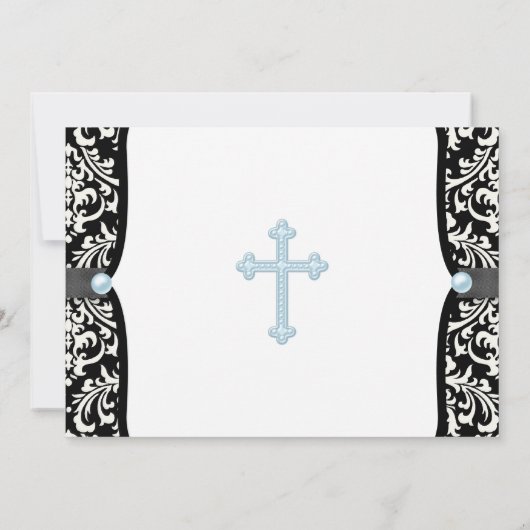 Blue Pearl Cross Blue Black Damask Christening Einladung (Rückseite)