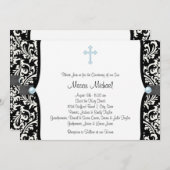 Blue Pearl Cross Blue Black Damask Christening Einladung (Vorne/Hinten)
