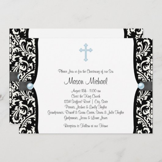 Blue Pearl Cross Blue Black Damask Christening Einladung (Vorne/Hinten)