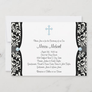 Blue Pearl Cross Blue Black Damask Christening Einladung
