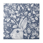 Blue Peeking Rabbit Bunny Floral Dedham Delft Fliese (Vorderseite)