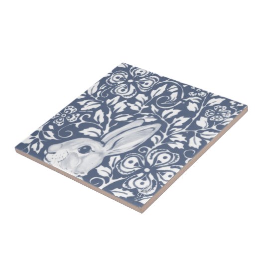 Blue Peeking Rabbit Bunny Floral Dedham Delft Fliese (Seite)