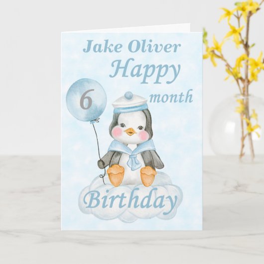 Blue Penguin 6 Monate Geburtstag Karte (Gelbe Blume)