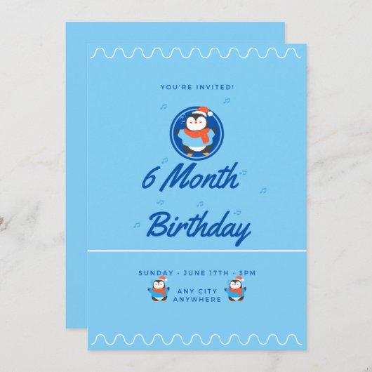 Blue Penguin 6 Month Birthday Einladung (Vorne/Hinten)
