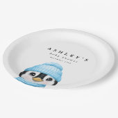 Blue Penguin Winter Baby Dusche Pappteller (Schrägansicht)