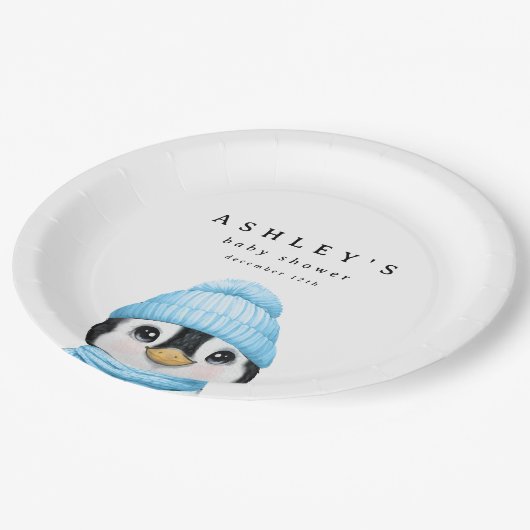 Blue Penguin Winter Baby Dusche Pappteller (Schrägansicht)