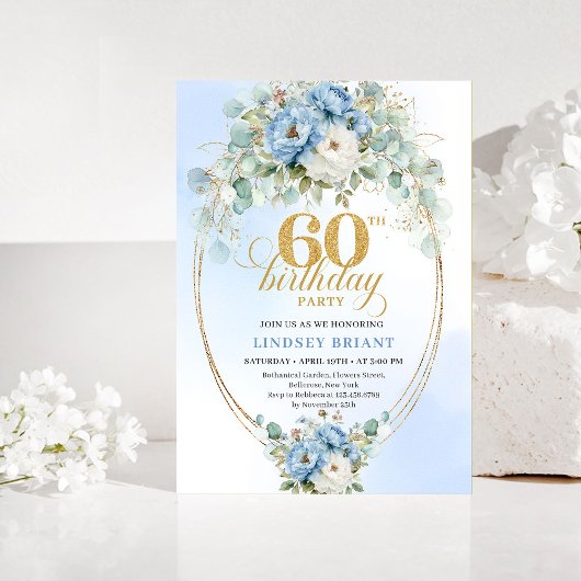 Blue Peonies Eucalyptus 60th Birthday Invitation Einladung