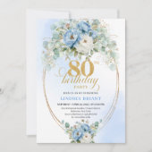 Blue Peonies Eucalyptus Greenery Gold 80th Invite Einladung (Vorderseite)