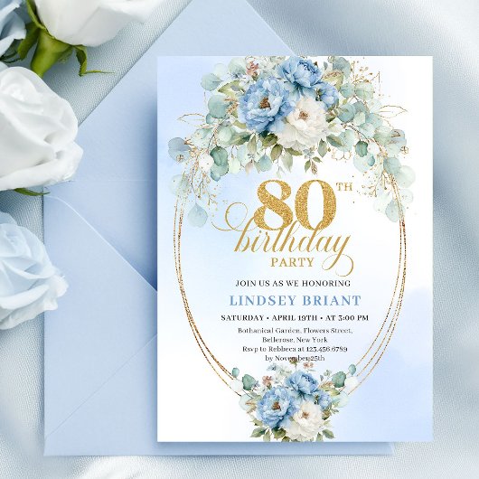Blue Peonies Eucalyptus Greenery Gold 80th Invite Einladung