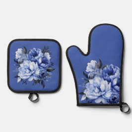 Blue Peonies Floral Elegante Ofenhandschuh & Topflappen-Set