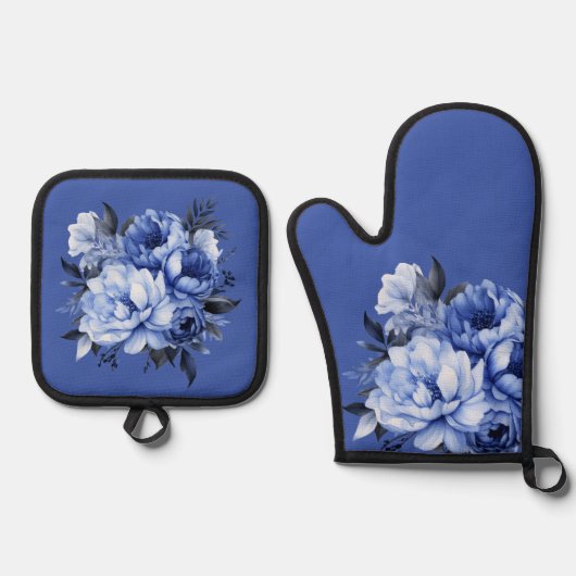 Blue Peonies Floral Elegante Ofenhandschuh & Topflappen-Set (Vorderseite)