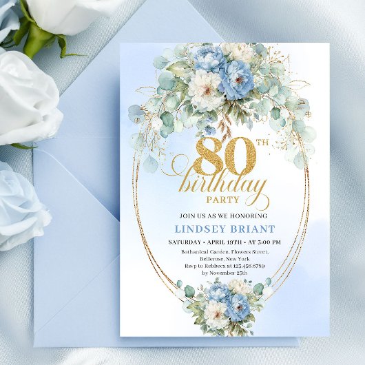Blue Peonies Greenery Minimal Boho 80th Birthday Einladung