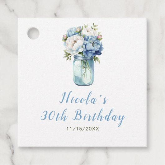 Blue Peonies Mason Jar Birthday Geschenkanhänger (Vorderseite)