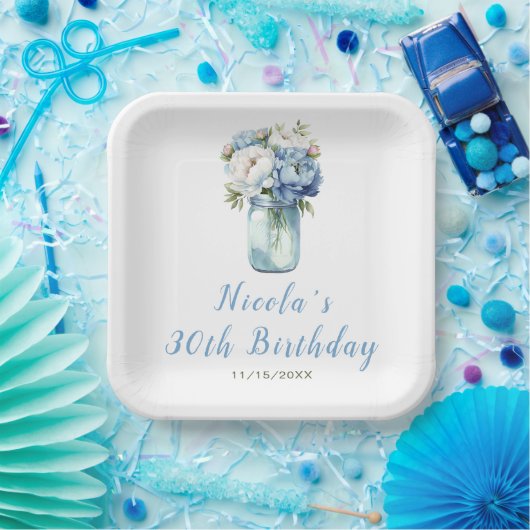 Blue Peonies Mason Jar Birthday Pappteller (Party)