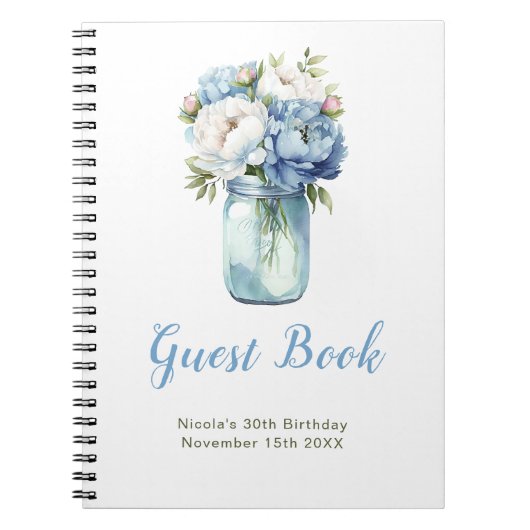 Blue Peonies Mason Jar Birthday Party Guest Book Notizblock (Vorderseite)