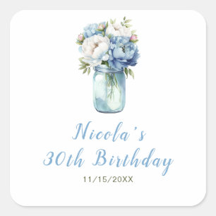 Blue Peonies Mason Jar Birthday Quadratischer Aufkleber