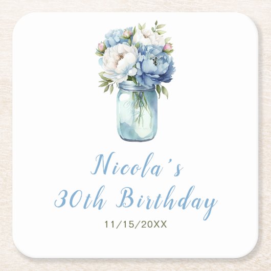 Blue Peonies Mason Jar Birthday Rechteckiger Pappuntersetzer (Vorderseite)