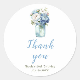 Blue Peonies Mason Jar Birthday Runder Aufkleber