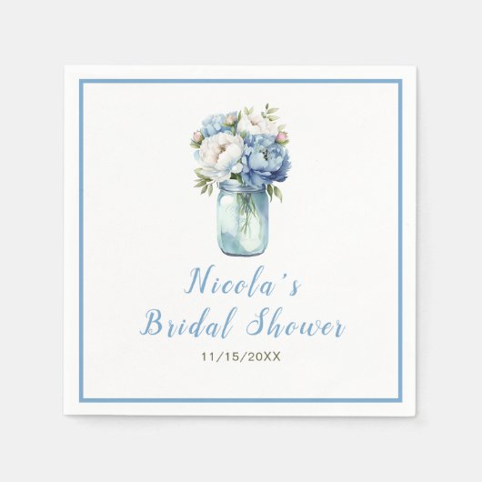 Blue Peonies Mason Jar Brautparty Serviette (Vorderseite)
