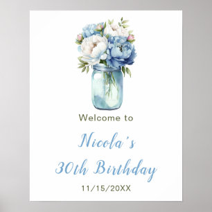 Blue Peonies Mason Jar Geburtstag Willkommen Poster