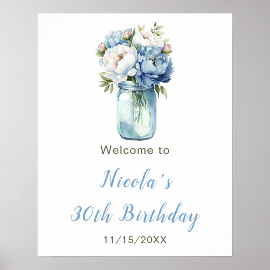 Blue Peonies Mason Jar Geburtstag Willkommen Poster (Vorne)