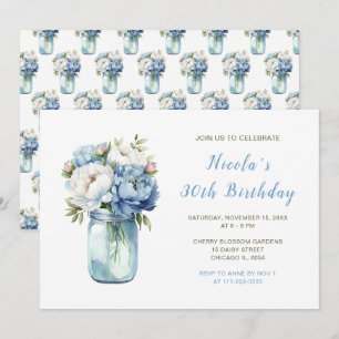 Blue Peonies Mason Jar Geburtstagsparty Einladung
